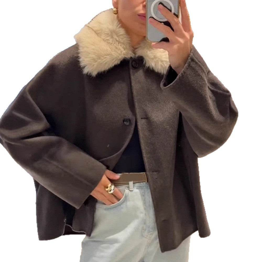 Damen Boxy-Cropped Wollmix-Jacke mit weichem Kunstpelz‑Schalkragen Nord Taschen