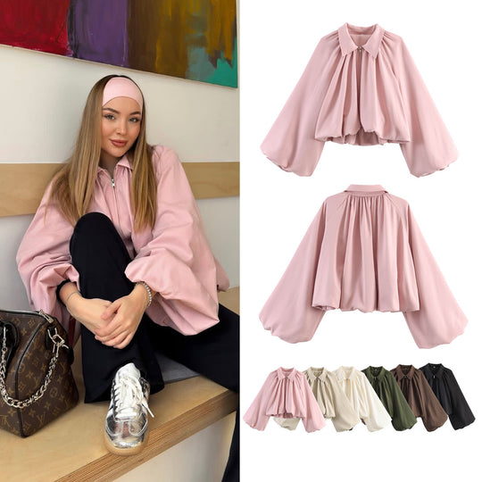 Damen Kurze Cape-Jacke mit voluminösen Ballonärmeln, Stehkragen und Reißverschluss Nord Taschen