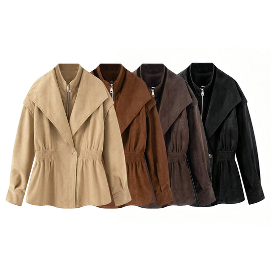 Damen Taillierte Jacke in Wildlederoptik mit großem Schalkragen, Reißverschluss und geraffter Taille Nord Taschen
