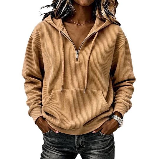 Damen Gerippter Halfzip-Kapuzenpullover mit Kängurutasche Nord Taschen