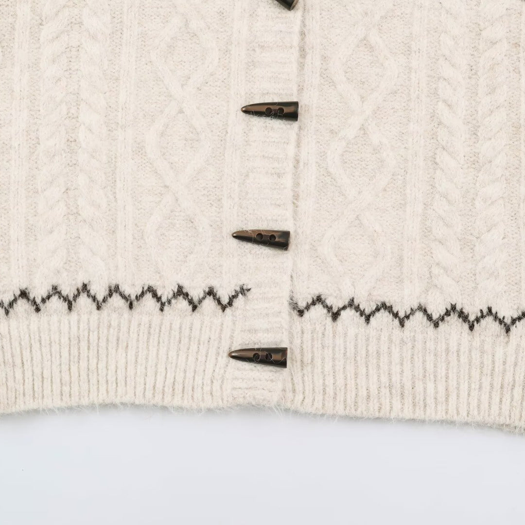 Damen Grobgestrickte Kapuzen‑Strickjacke mit Hornknöpfen und Norwegermuster Nord Taschen