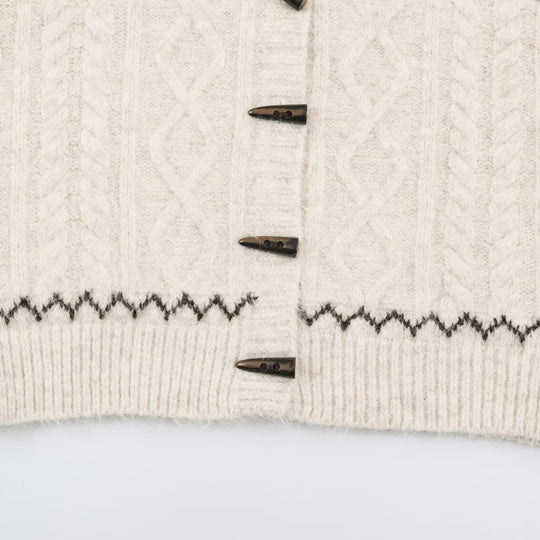Damen Grobgestrickte Kapuzen‑Strickjacke mit Hornknöpfen und Norwegermuster Nord Taschen