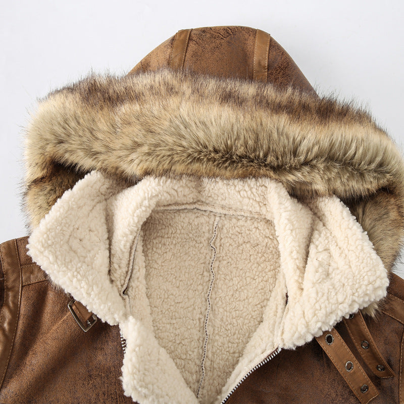Herren Fliegerjacke aus Vintage-Lederoptik mit Teddyfutter und Kapuze Nord Taschen