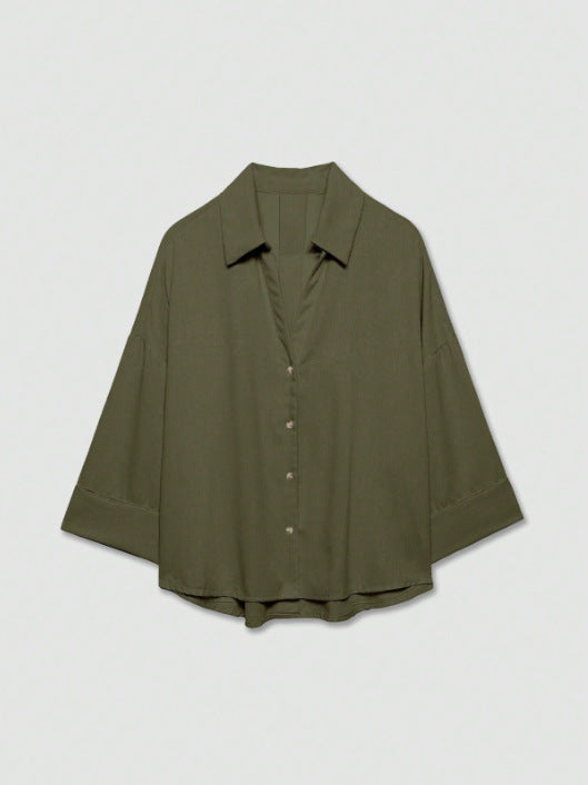 Damen Leichte Oversize Leinenoptik Bluse mit Dreiviertelärmeln und durchgehender Knopfleiste Nord Taschen