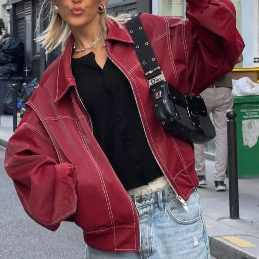 Damen Kunstlederjacke mit elastischen Bündchen und hochschließendem Kragen
