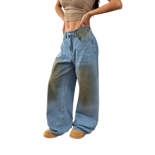 Damen weite High‑Waist-Jeans im Vintage-Wash mit verwaschener Fleckoptik und extra weitem Bein Nord Taschen