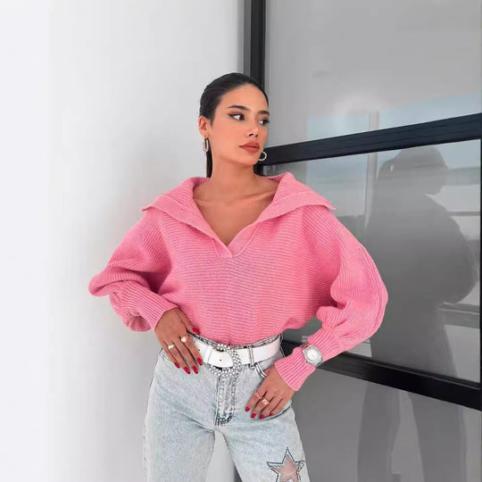 Damen Oversize Rippsweater mit Reverskragen und tiefem V‑Ausschnitt Nord Taschen