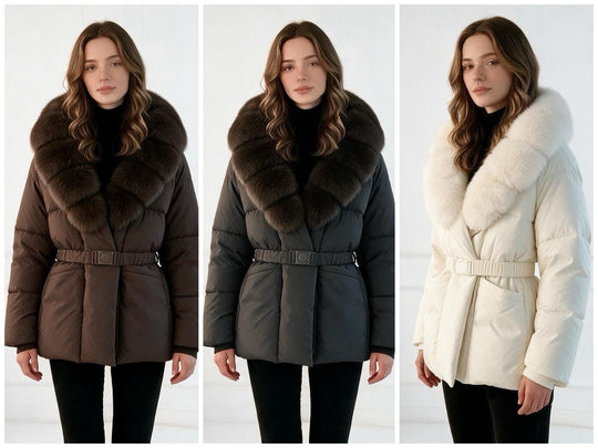 Damen nan taillierte Steppjacke mit übergroßem Webpelzkragen, taillierendem Gürtel und wärmender Thermofüllung Nord Taschen