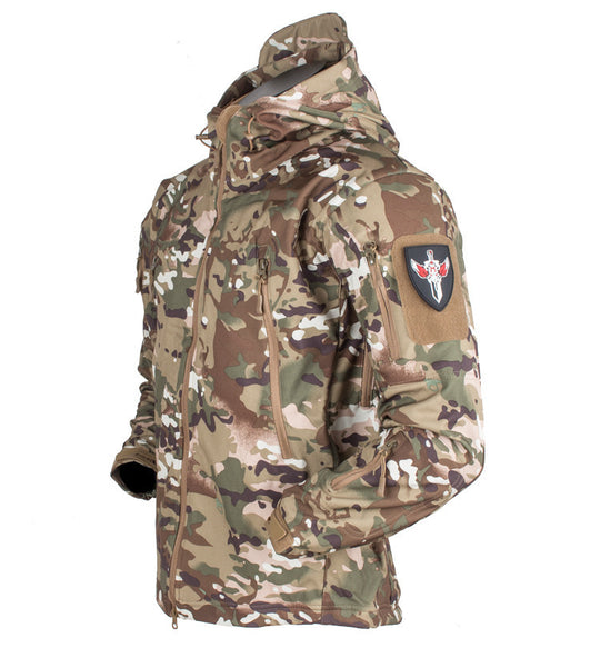 Herren Taktische Softshelljacke mit Kapuze, Tarnmuster und Mehrfach-Reißverschlusstaschen Nord Taschen