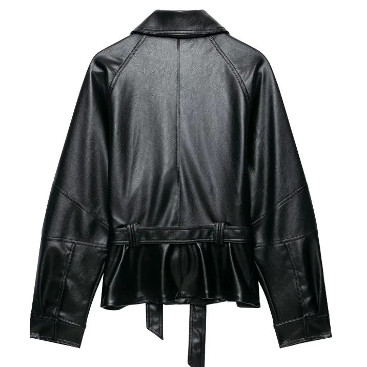 Damen Kurzjacke aus veganem Leder mit Taillengürtel und überschnittenen Schultern Nord Taschen