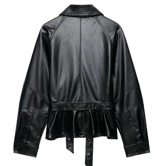 Damen Kurzjacke aus veganem Leder mit Taillengürtel und überschnittenen Schultern Nord Taschen