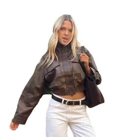 Damen Kurze Utility-Bomberjacke aus veganem Lederimitat mit hohem Stehkragen Nord Taschen