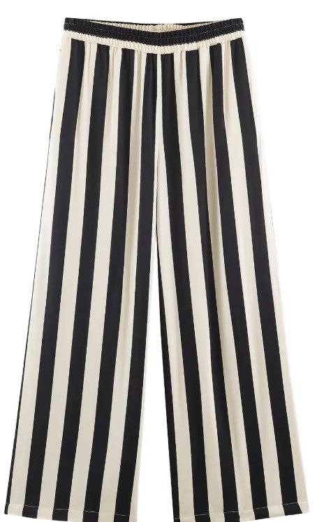 Damen Weite High‑Waist Palazzohose mit vertikalem Streifenmuster und elastischem Bund Nord Taschen