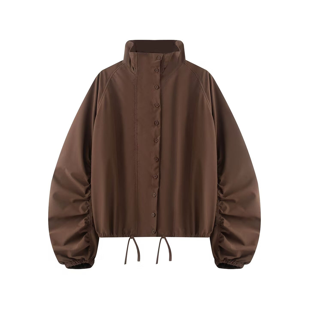 Damen Übergangsjacke mit weitem Ballonärmeln, Stehkragen und Tunnelzug Nord Taschen