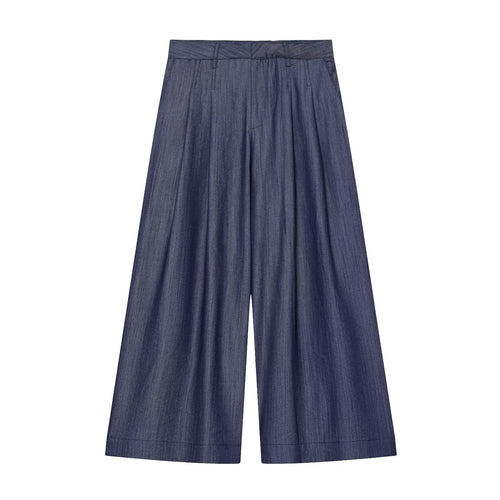 Damen Hochtaillierte weite Culotte aus leichter Denim-Qualität mit Bundfalten Nord Taschen