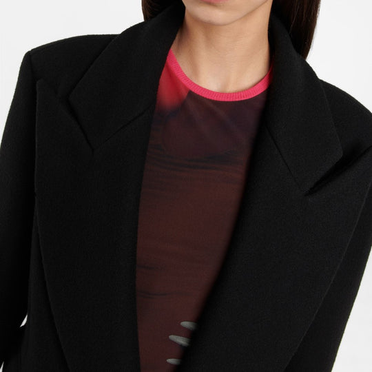 Damen Bodenlanger Longline Einreiher Wollmix-Mantel mit markanter Schulterpartie Nord Taschen