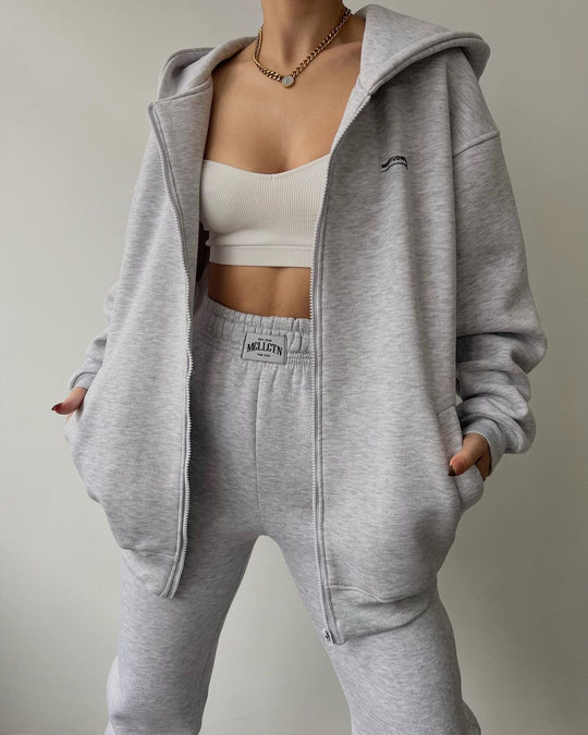 Damen Oversize Kapuzen-Sweatjacke mit Reißverschluss und High-Waist Jogginghose Set Nord Taschen
