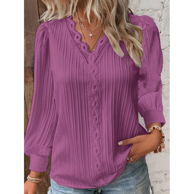 Damen Plissierte V‑Ausschnitt Bluse mit Spitzenbesatz und Ballonärmeln Nord Taschen