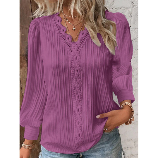 Damen Plissierte V‑Ausschnitt Bluse mit Spitzenbesatz und Ballonärmeln Nord Taschen