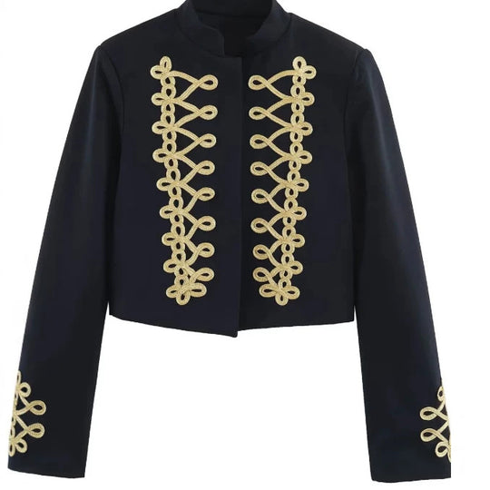 Damen Cropped Militärjacke mit Stehkragen und dekorativen Zierkordeln Nord Taschen