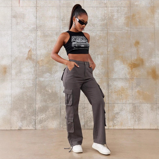 Damen Utility-Cargo-Hose mit weitem Bein, Mehrfach-Taschen und taillenhoher Passform Nord Taschen