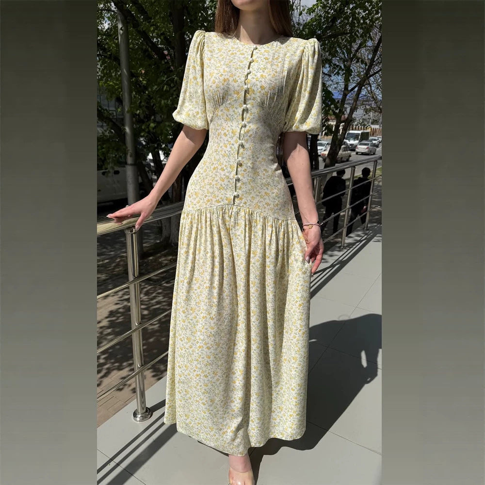 Damen Midikleid mit Puffärmeln, taillierter Silhouette und geknöpftem Mieder Nord Taschen