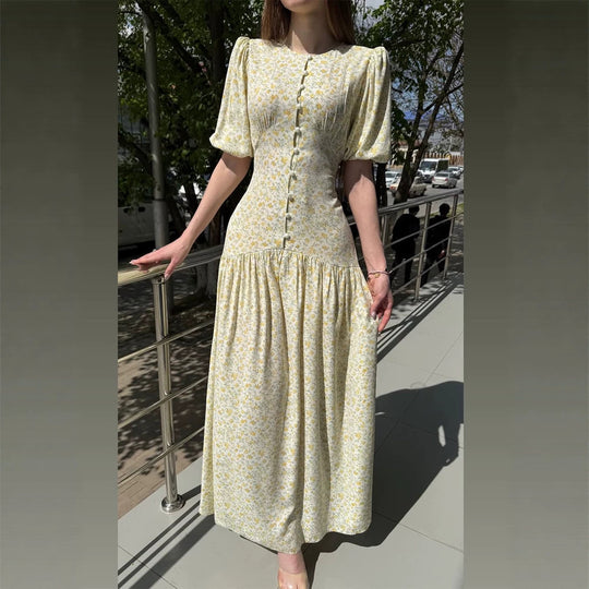 Damen Midikleid mit Puffärmeln, taillierter Silhouette und geknöpftem Mieder Nord Taschen