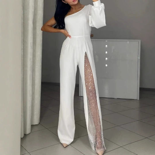 Asymmetrischer einseitiger Damen-Jumpsuit mit Paillettenpanel