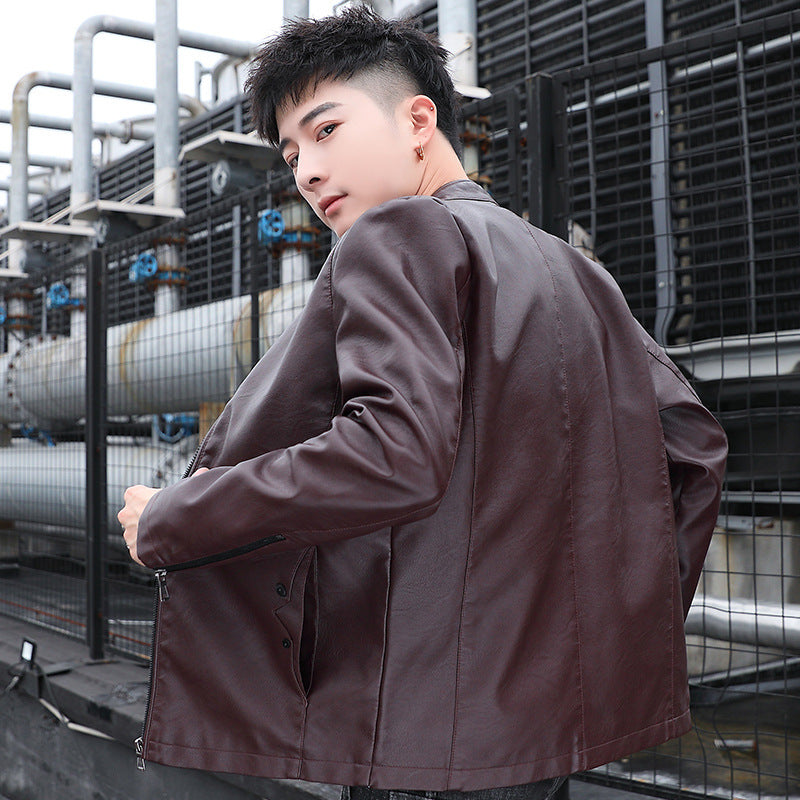 Herren schlanker Kunstleder‑Moto‑Blouson mit Stehkragen und Reißverschluss‑Taschen Nord Taschen