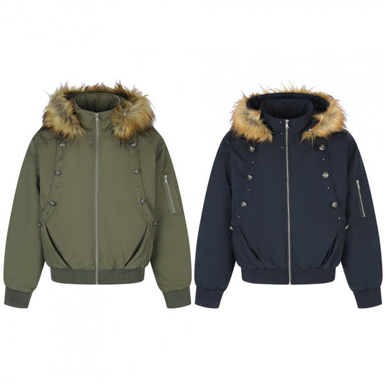 Damen Gefütterte Bomberjacke mit Kapuze und Kunstfellkragen Wattierte Winterjacke Nord Taschen