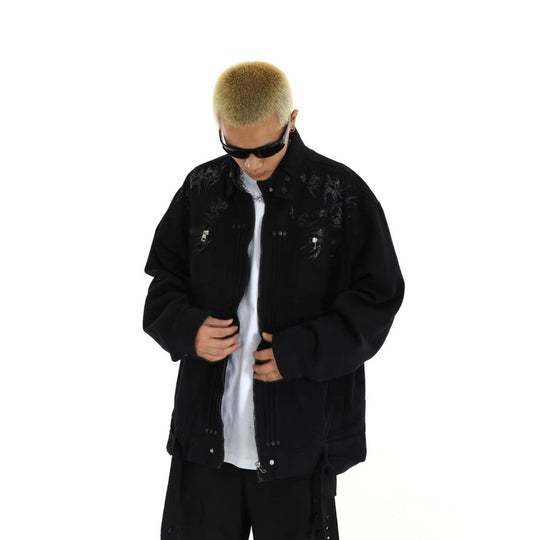 Herren Oversized Utility-Jacke mit Stickerei, Stehkragen, Reißverschluss und langen Gurtbändern Nord Taschen