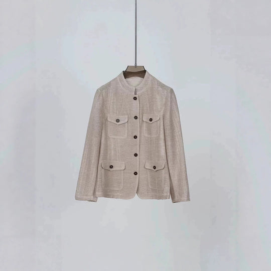 Damen Leichte Häkeloptik-Übergangsjacke mit Rundkragen und Pattentaschen Nord Taschen