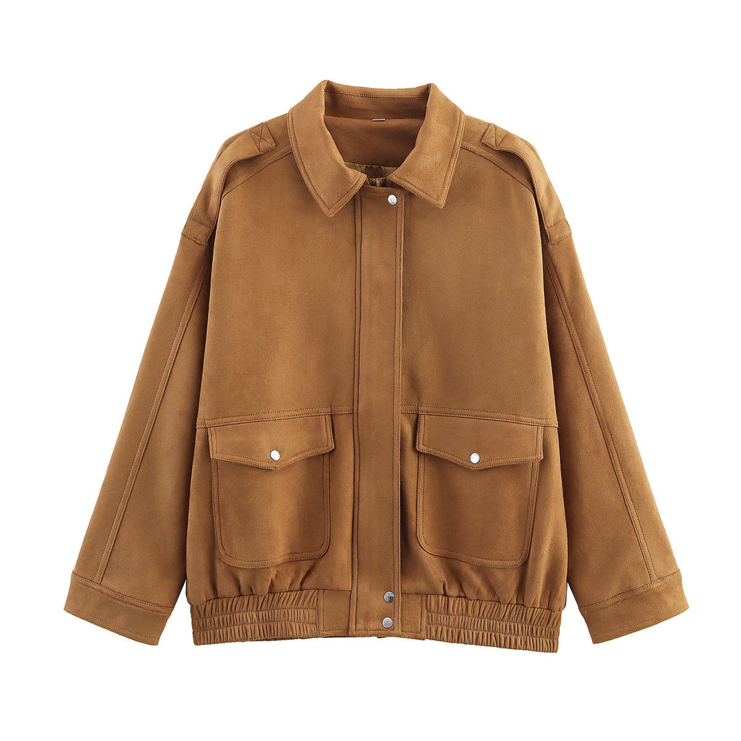 Damen Boxy-Übergangsjacke in Velourslederoptik mit Hemdkragen, aufgesetzten Pattentaschen und elastischem Bund Nord Taschen