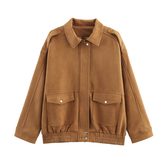 Damen Boxy-Übergangsjacke in Velourslederoptik mit Hemdkragen, aufgesetzten Pattentaschen und elastischem Bund Nord Taschen
