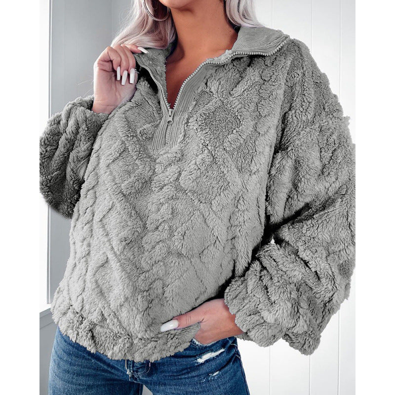 Damen Plüschpullover im Teddy-Look mit halbem Reißverschluss und strukturierter Rautenoptik Nord Taschen