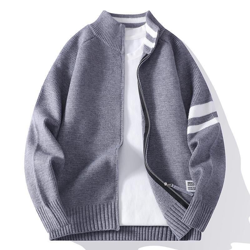 Herren gestrickte Zip-Cardigan im College-Stil mit gestreiftem Ärmelband und geripptem Stehkragen Nord Taschen