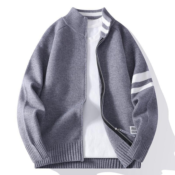 Herren gestrickte Zip-Cardigan im College-Stil mit gestreiftem Ärmelband und geripptem Stehkragen Nord Taschen