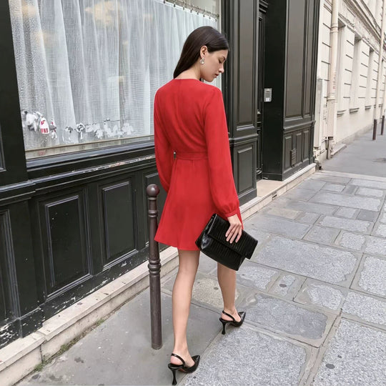 Damen Elegantes Wickel-Minikleid mit tiefem V-Ausschnitt und langen Ärmeln Nord Taschen