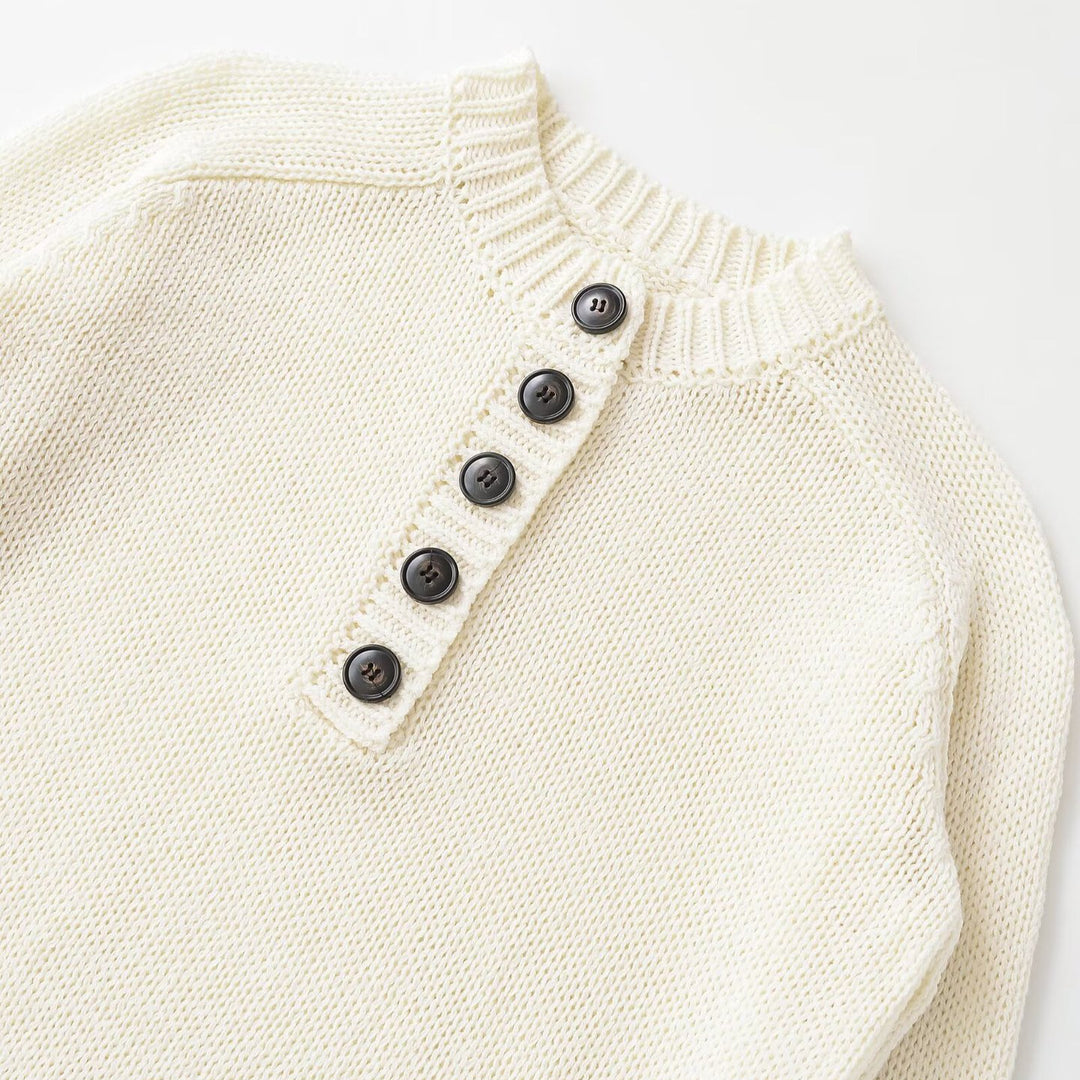 Damen Grobstrick Henley-Pullover mit Holzknöpfen und Rippbündchen Nord Taschen