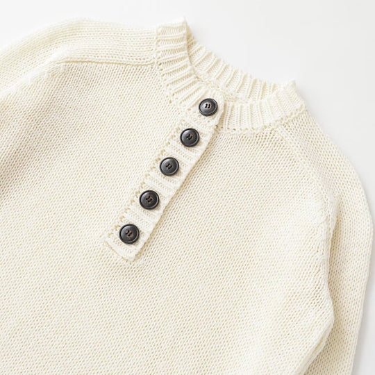 Damen Grobstrick Henley-Pullover mit Holzknöpfen und Rippbündchen Nord Taschen