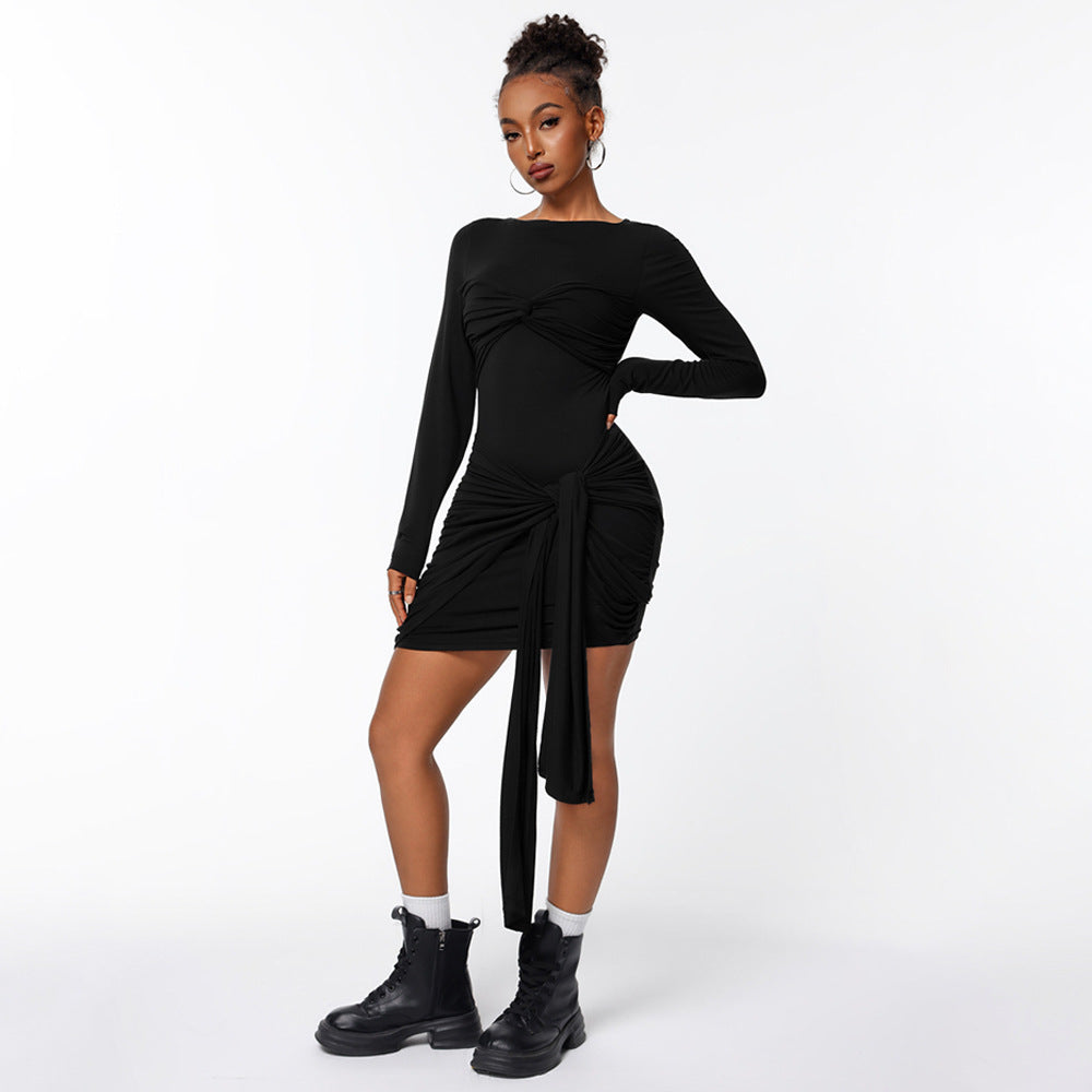 Damen figurbetontes Minikleid mit asymmetrischer Knotendrapierung, taillierter Raffung und langem Ärmelschal Nord Taschen