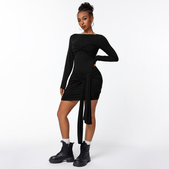 Damen figurbetontes Minikleid mit asymmetrischer Knotendrapierung, taillierter Raffung und langem Ärmelschal Nord Taschen
