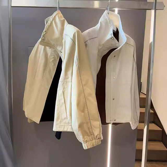 Damen Leichte Overshirt‑Jacke mit Stehkragen, Druckknopfverschluss & Kontrastnaht Nord Taschen