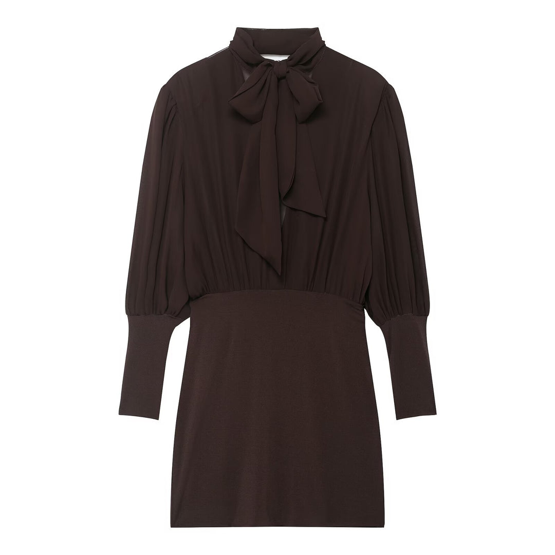 Damen Midikleid mit Schleifenkragen und plissierten Ballonärmeln Nord Taschen