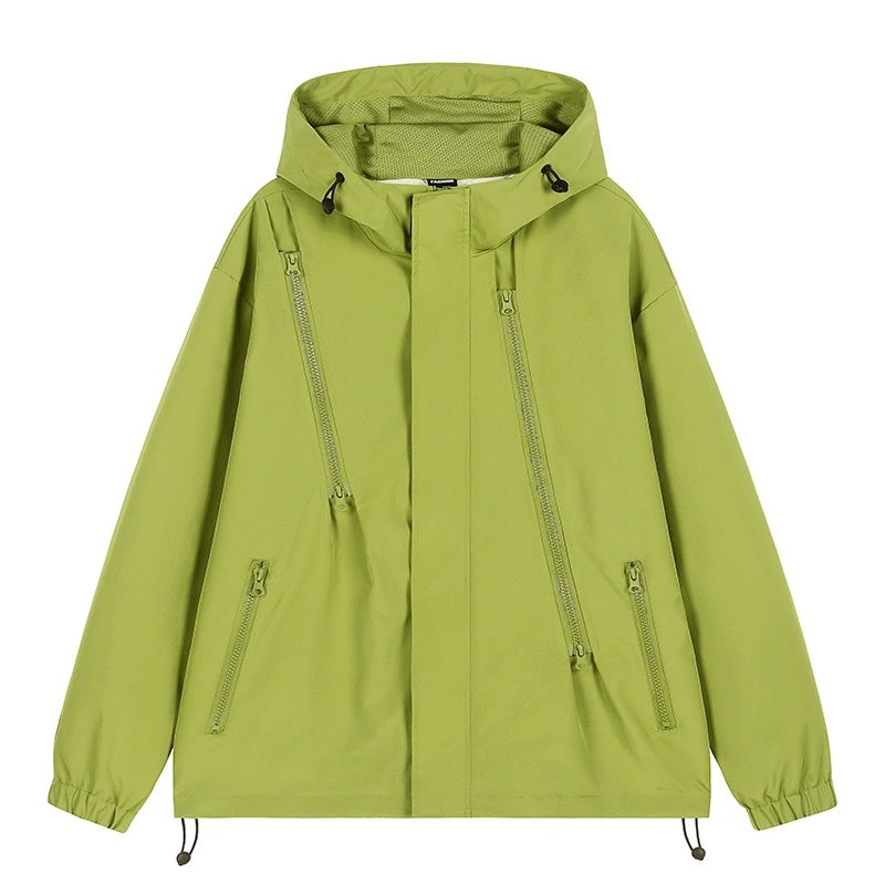 Damen Kurze technische Kapuzenjacke mit asymmetrischen Reißverschlüssen & Kordelzug Nord Taschen