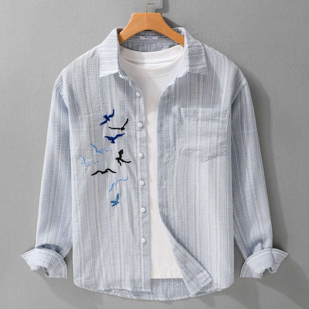 Herren Leichtes gestreiftes Overshirt aus Leinen-Baumwollmix mit Vogelstickerei Nord Taschen