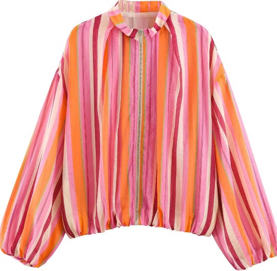 Damen Gestreifte Cropped Blousonjacke mit Stehkragen, Reißverschluss und Ballonärmeln Nord Taschen