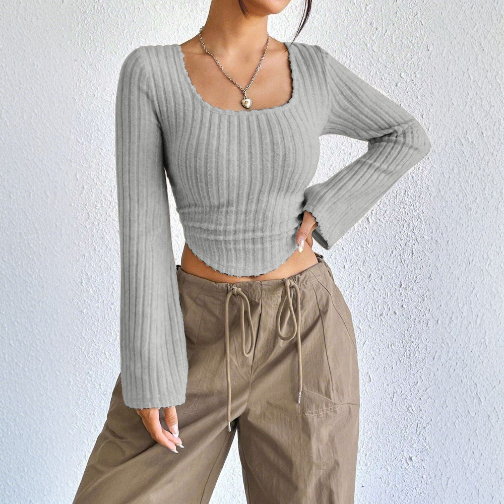Damen geripptes Crop-Top mit quadratischem Ausschnitt, gewelltem Saum und ausgestellten Ärmeln Nord Taschen