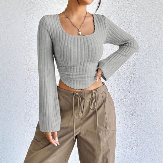 Damen geripptes Crop-Top mit quadratischem Ausschnitt, gewelltem Saum und ausgestellten Ärmeln Nord Taschen