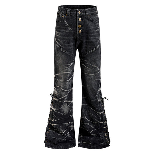 Damen hochgeschnittene ausgestellte Jeanshose mit Knopfleiste und seitlichen Schnürungen Nord Taschen